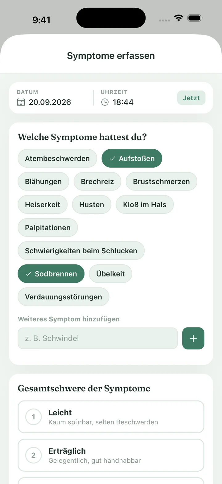 FluxFree Symptome erfassen: Auswahl von Sodbrennen, Aufstoßen und weiteren Symptomen