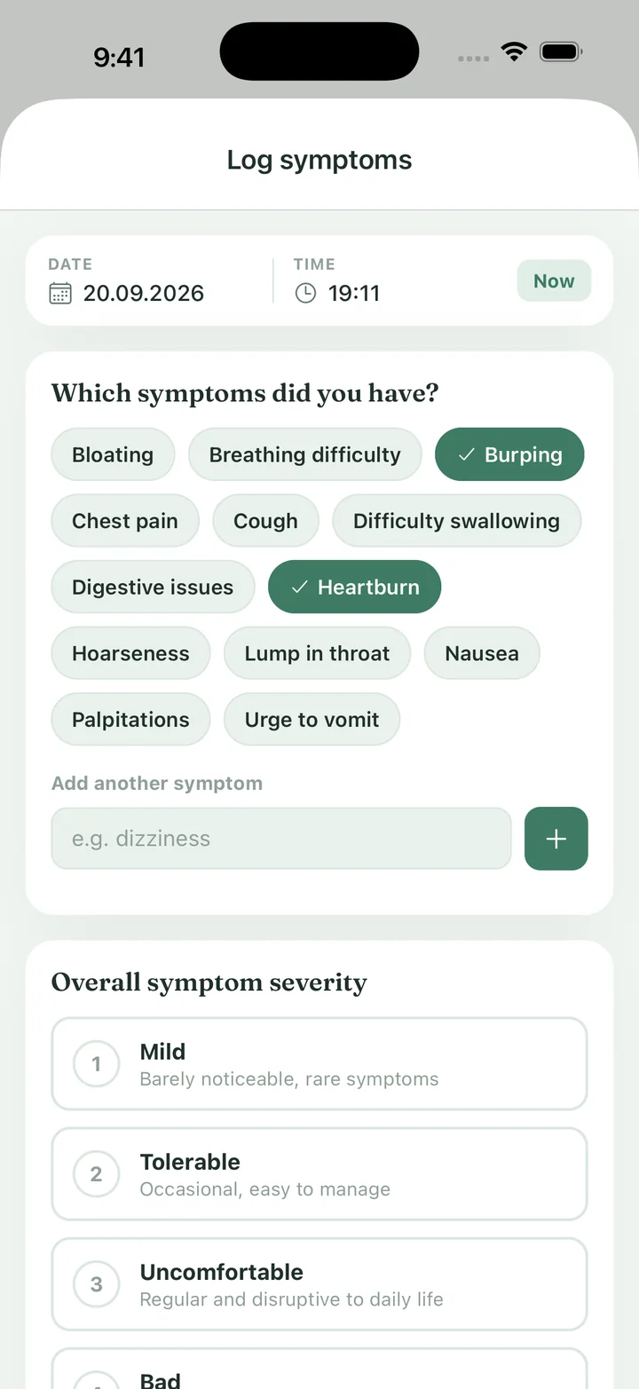 FluxFree log symptoms: choosing heartburn, burping and other symptoms
