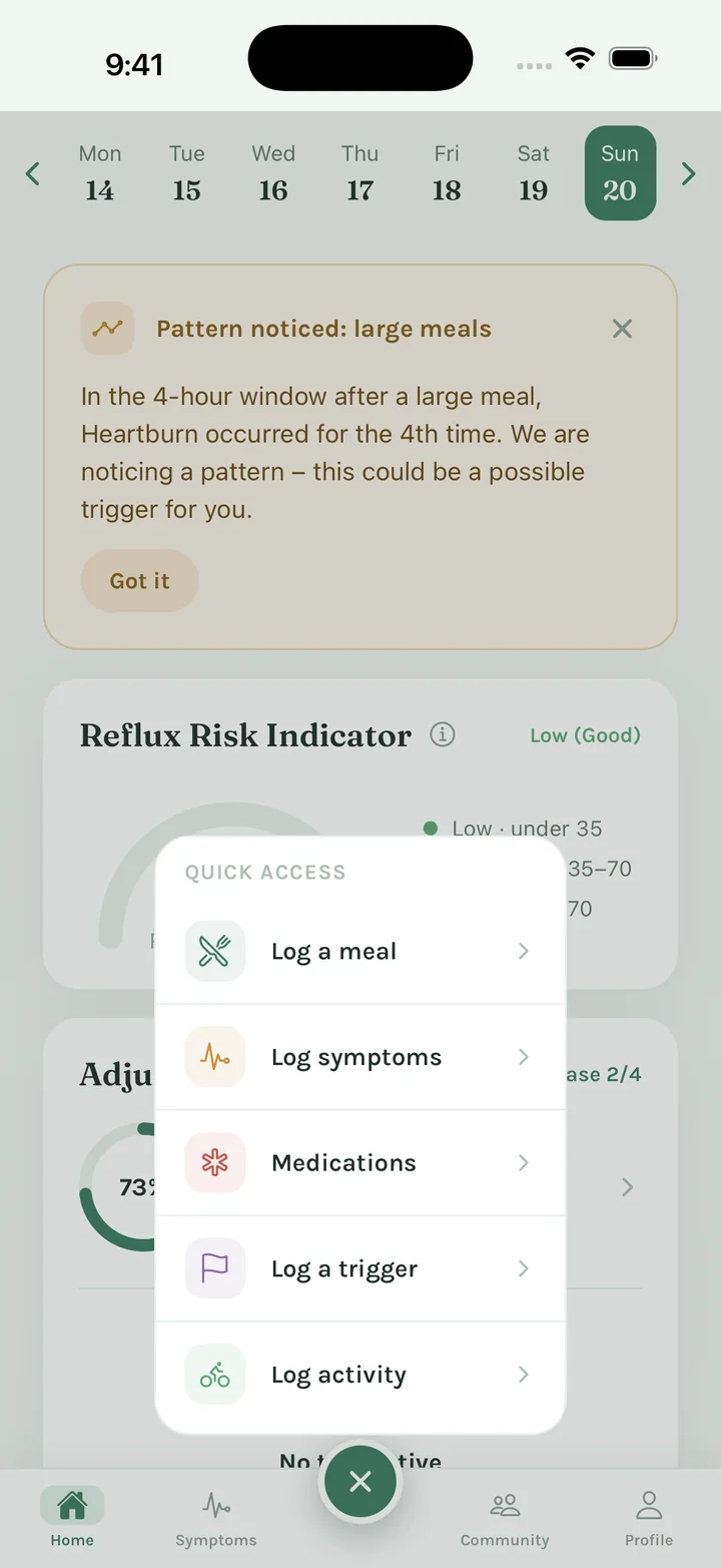 FluxFree quick access: log a meal, symptoms, medication, a trigger or activity