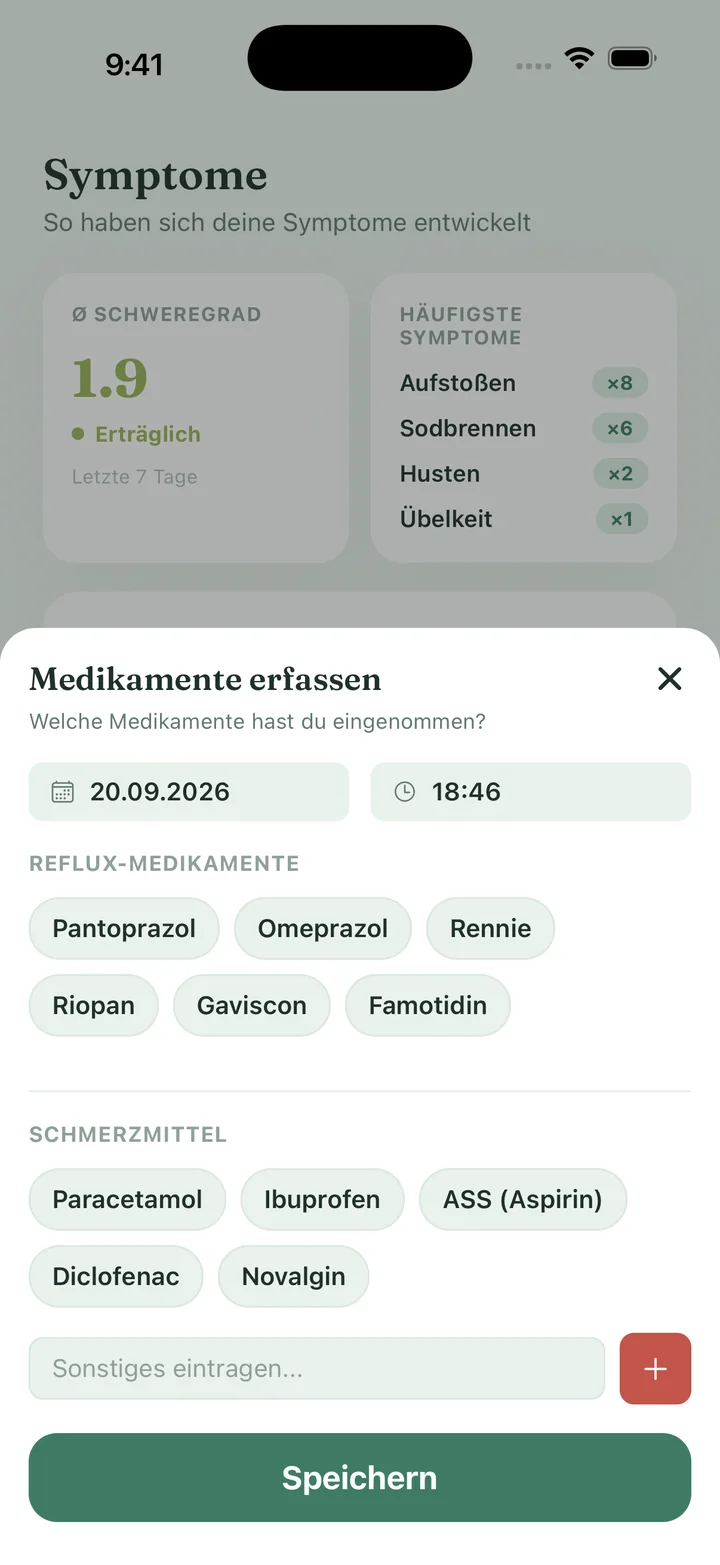 FluxFree Medikamente erfassen: Reflux-Medikamente und Schmerzmittel zur Auswahl