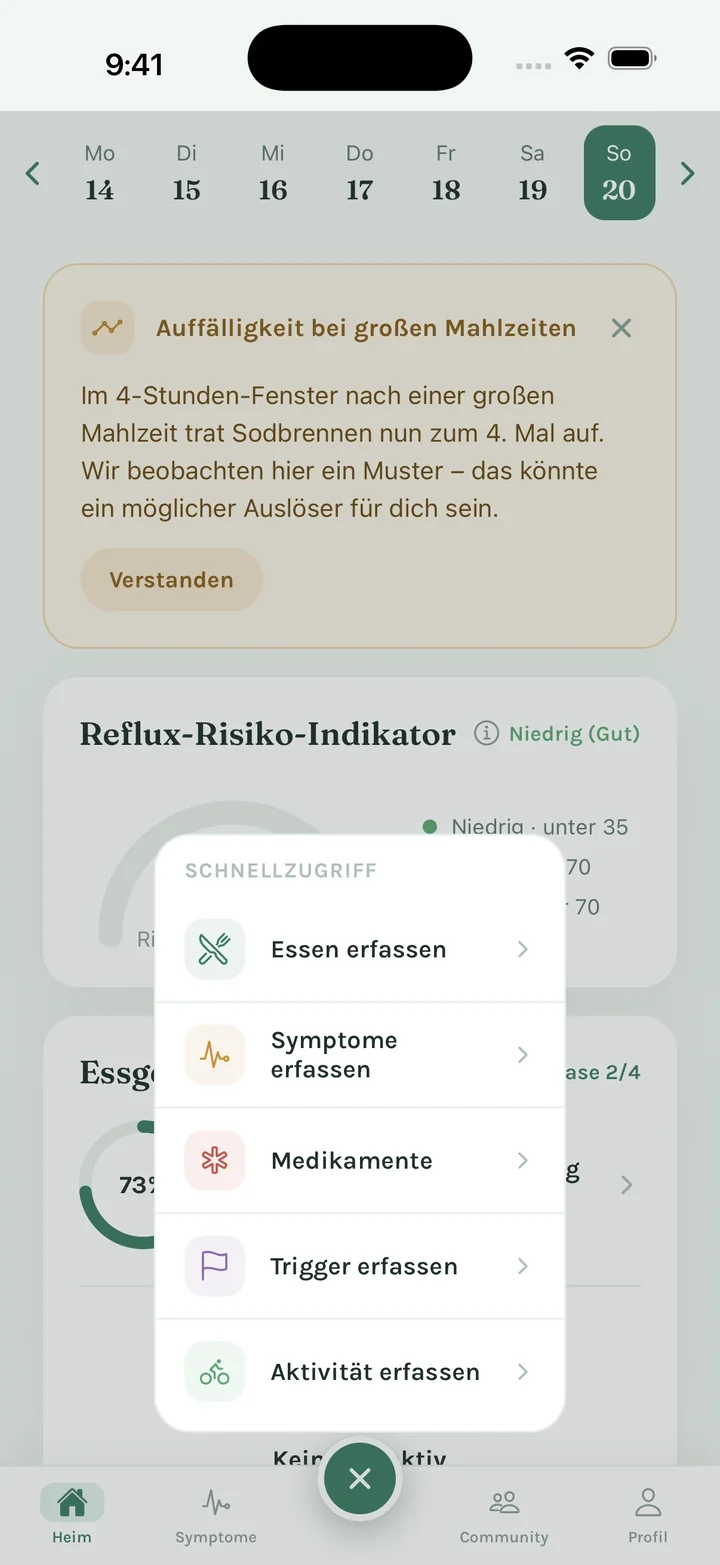 FluxFree Schnellzugriff: Essen, Symptome, Medikamente, Trigger und Aktivität erfassen